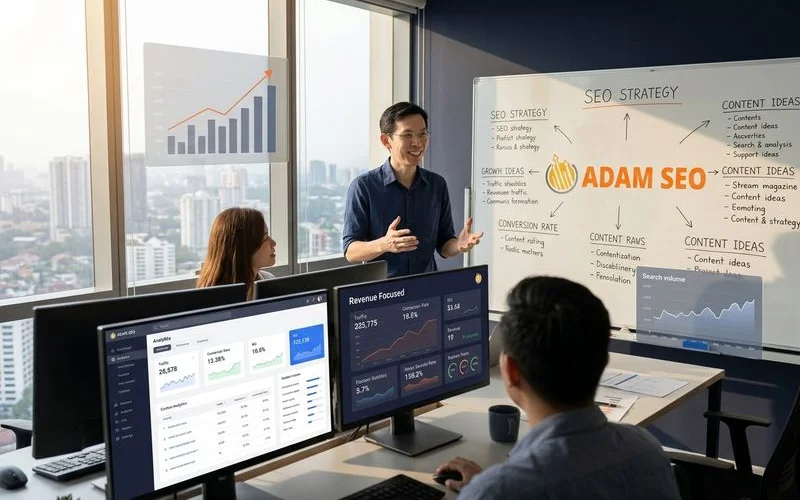Adam SEO workspace at Mont Kiara with analytics dashboards