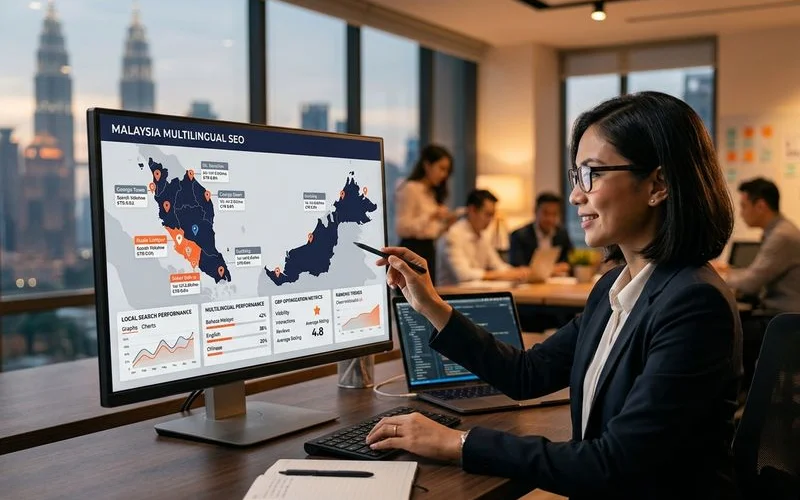 Multilingual Local SEO: English, Malay, and Mandarin Search concept
